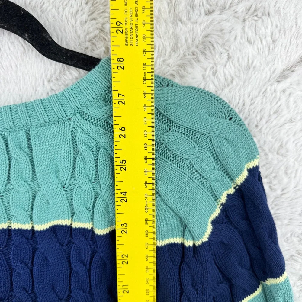 Lands' End Drifter Sweater Womens XL Blue Teal Striped Cable Knit Cotton Preppy